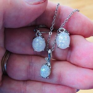 Delicate Fiery White Opal Necklace and Matching Earrings set in Silvertone